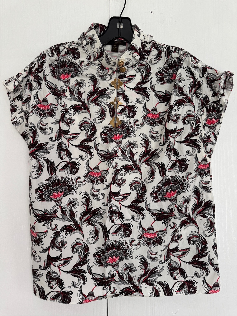 Louis Vuitton Oversized Short-Sleeve Floral Blouse with Golden Logo Accent